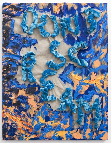 Gaby Collins-Fernandez, Blue Velvet DON&#039;T SCREAM Painting, 2014, oil and acrylic paint, fabric on linen, 21 x 16 inches