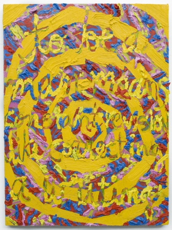 Gaby Collins-Fernandez, Yellow Spiral TO BE A MAN...Painting, 2014, oil and acrylic on fabric, 24 x 17 inches